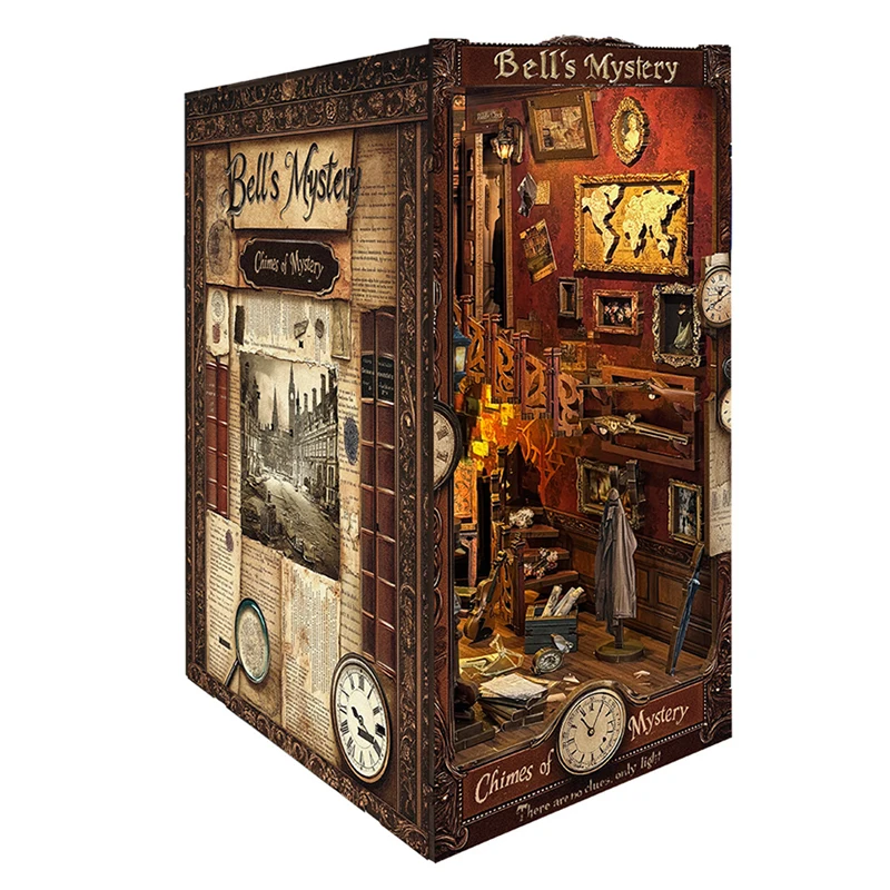 DIY Wooden Bell's Mystery Book Nook Shelf Insert Miniature Model Kits Bookshelf with Light Bookend for Friends Birthday Gifts 5