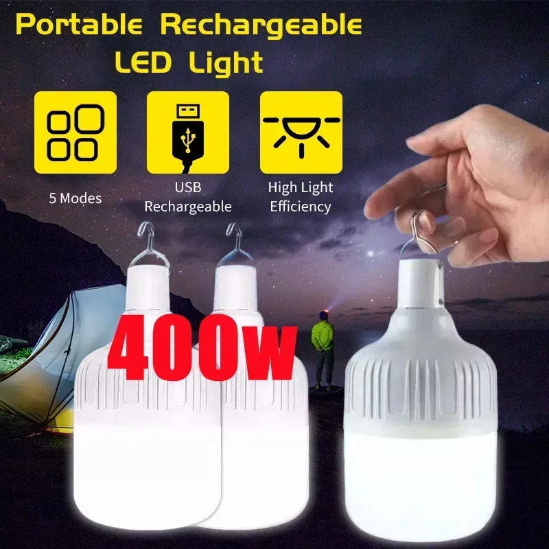 Camping Lights 500W USB Rechargeable LED Bulb Hanging Tent Light Portable Emergency 5 Lighting Modes For Garden Outdoor