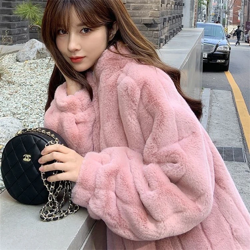 Women Winter Warm Faux Fur Lamb Fleece Jacket Fashion Loose Casual Single Breasted Mink Velvet Overcoat Large Size Coat