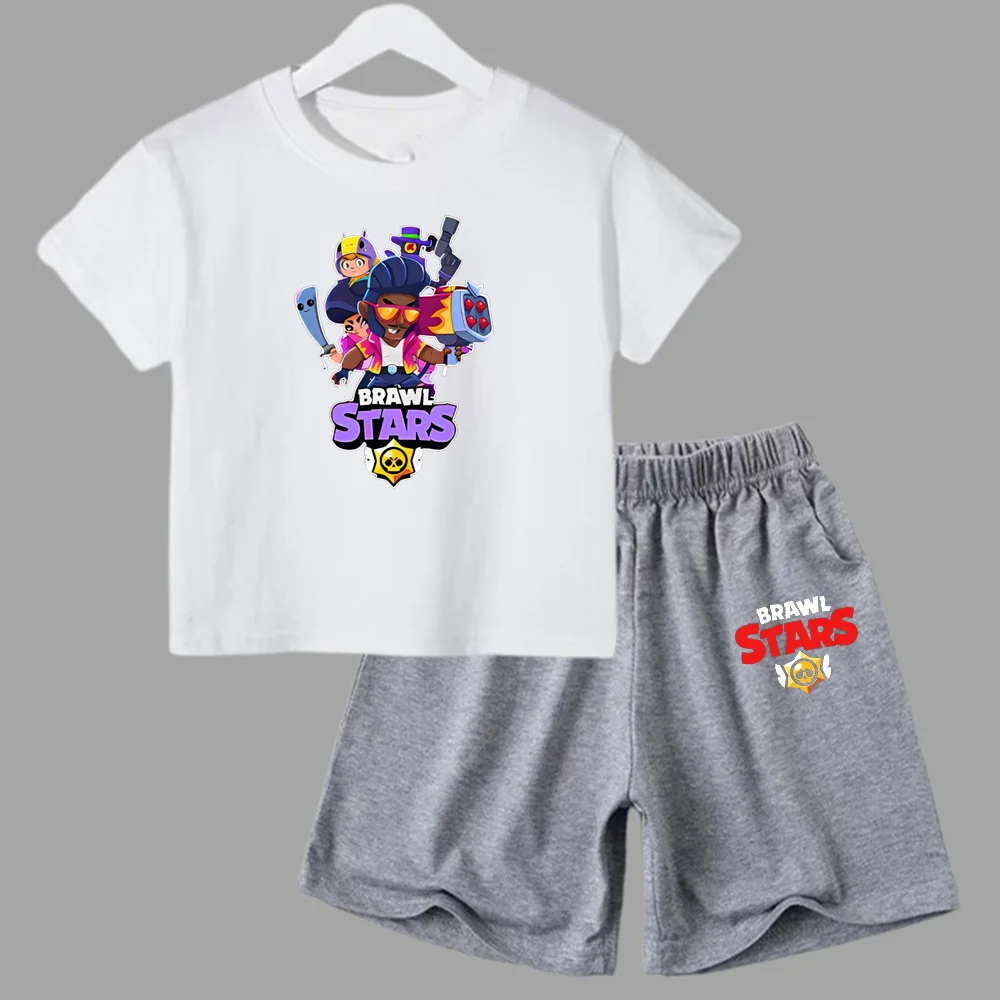 thumbnail image 1 of Conjunto de 2 piezas de camiseta de manga corta y pantalones cortos con estampado de anime de verano para niños y niñas, ropa informal de cuello redondo, 1 of 5