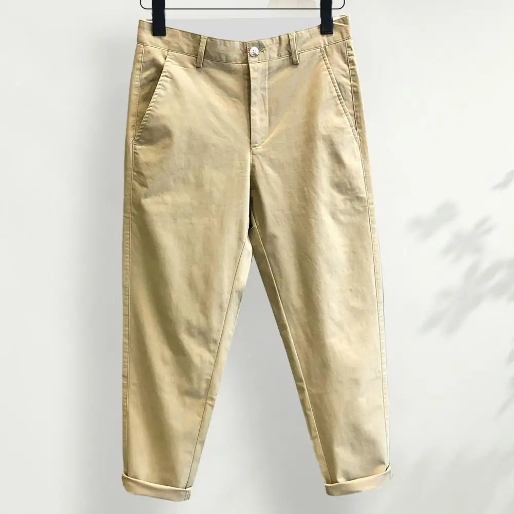 

Solid Color Pants Stylish Men's Slim Fit Ninth Pants with Pockets Button Closure Breathable Fabric Trendy Streetwear for A