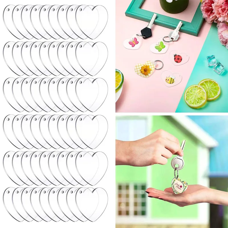 

30/60Pcs Clear Acrylic Circles Discs DIY Keychain Blank Craft Heart Shape Ornament Blanks with Hole for Engraving DIY Projects