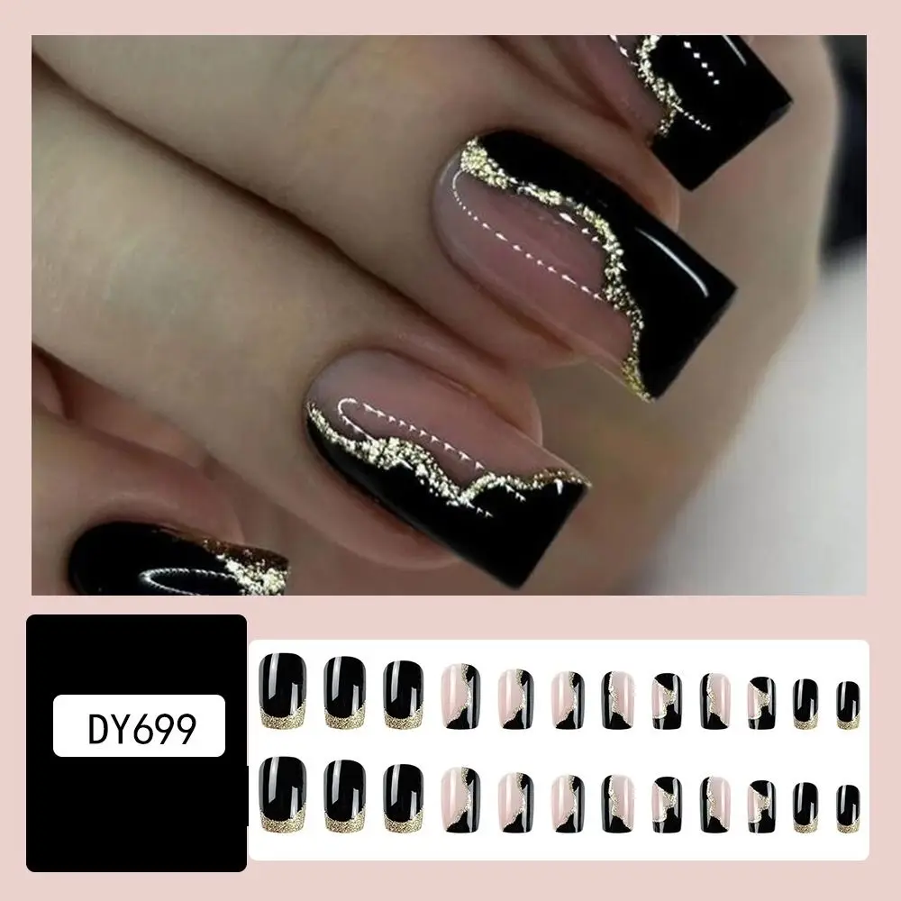 Description Picture 3 of itemMedium Length Fake Nails Square Head French False Nail Tips Press On Nails Black Diamond Glitter Waterproof Faux Fingernails