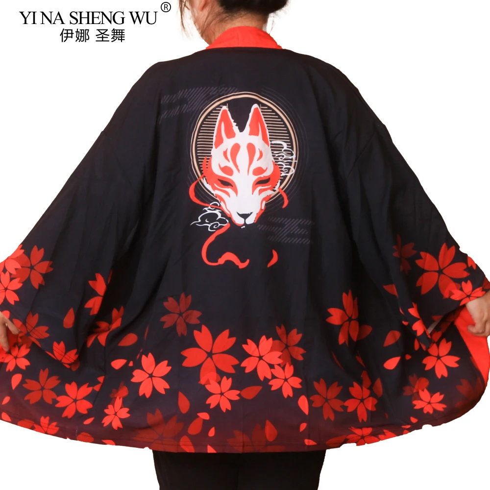 Fox Mask Print Coat Japanese Kimono Cardigan Shirt Women Haori Yukata Cosplay Men Traditional Clothing One Size