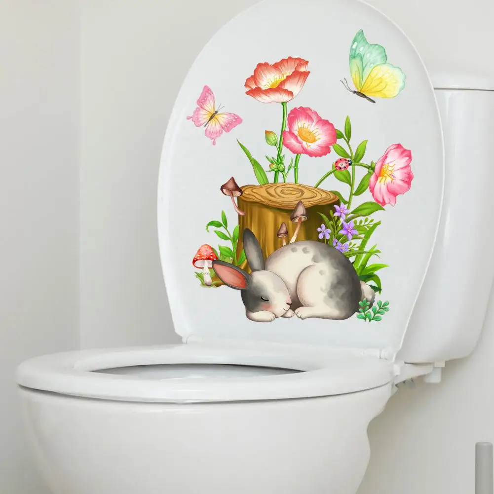 

Durable Toilet Sticker Gray Bunny Toilet Sticker Rabbit Flower Butterflies Toilet Sticker Waterproof Pvc Decal for Room Wall Art