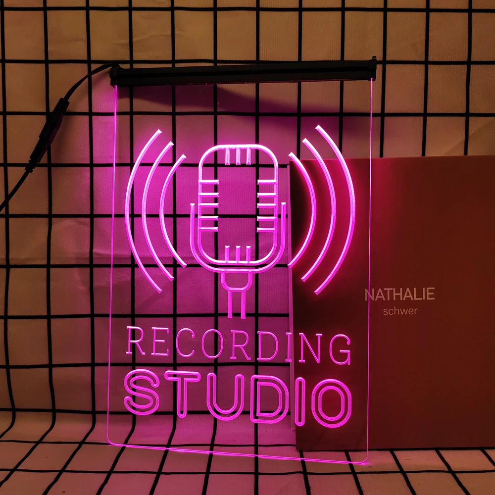 Letrero de neón LED retro con micrófono en el aire para estudio de grabación, decoración del hogar con placas y carteles vintage para habitación, oficina, casa de campo