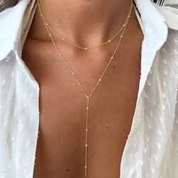 Elegant 14k Gold Plated Y - Shaped Pendant Necklace with CZ Beads and Layered Design (Gold)