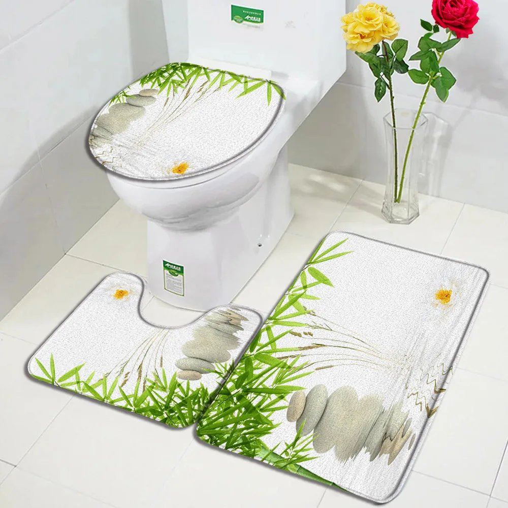 Zen Bath Mat Set Zen Stone Bamboo Leaf Lotus Flower Spa Bagno Decor Tappeto Antiscivolo Tappeto Wc Coperchio Coperchio A Forma Di U Pad