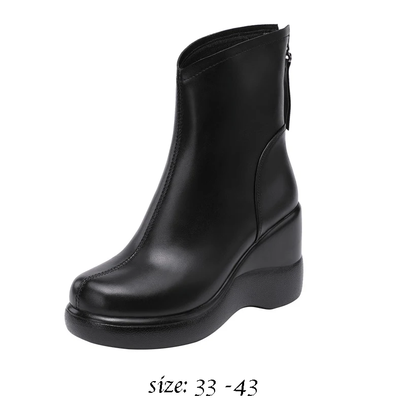 High quality mid calf leather boots for women 8cm wedge  high heel platform new 2023 autumn winter elegant 33 42 43 shoe - black