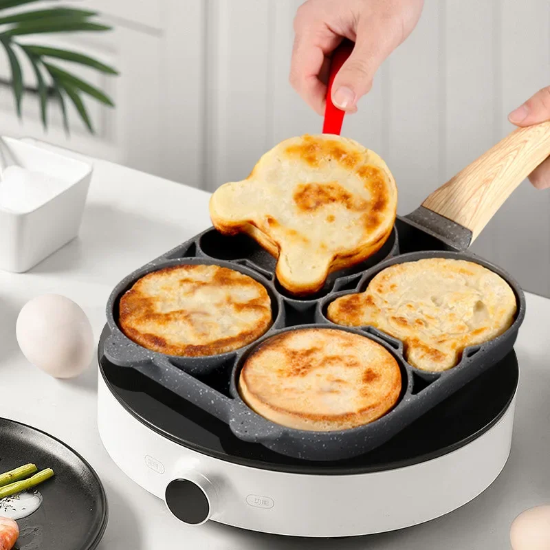 Four-hole non-stick omelette pan, Breakfast hamburgerThickpan,egg dumpling pan, Ham Dual-purpose cookware