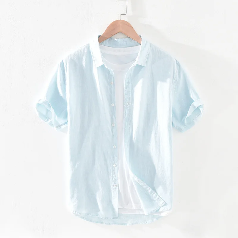 Pure Linen Short Sleeve Shirt for Men Summer New Japanese Fashion Tops Male Solid Gray Vintage Slim Fit Hemp Shirt