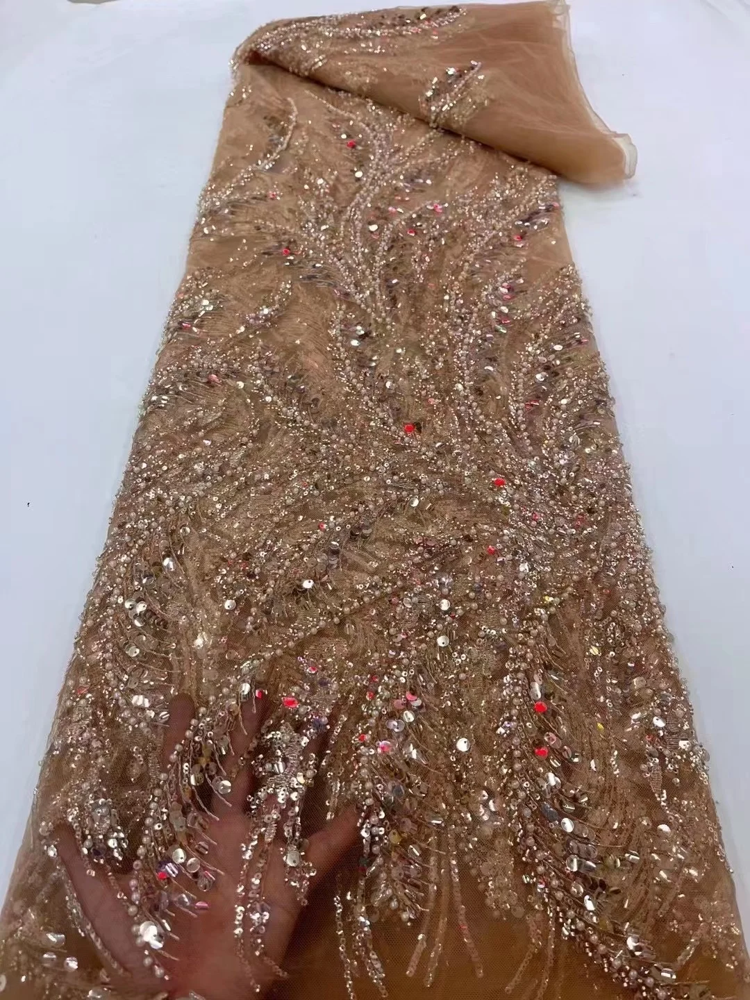 

Nigerian Handmade Beaded Lace Fabric High Quality Full Pearls Crystal Sequins Embroidery French Tulle Bridal Lace