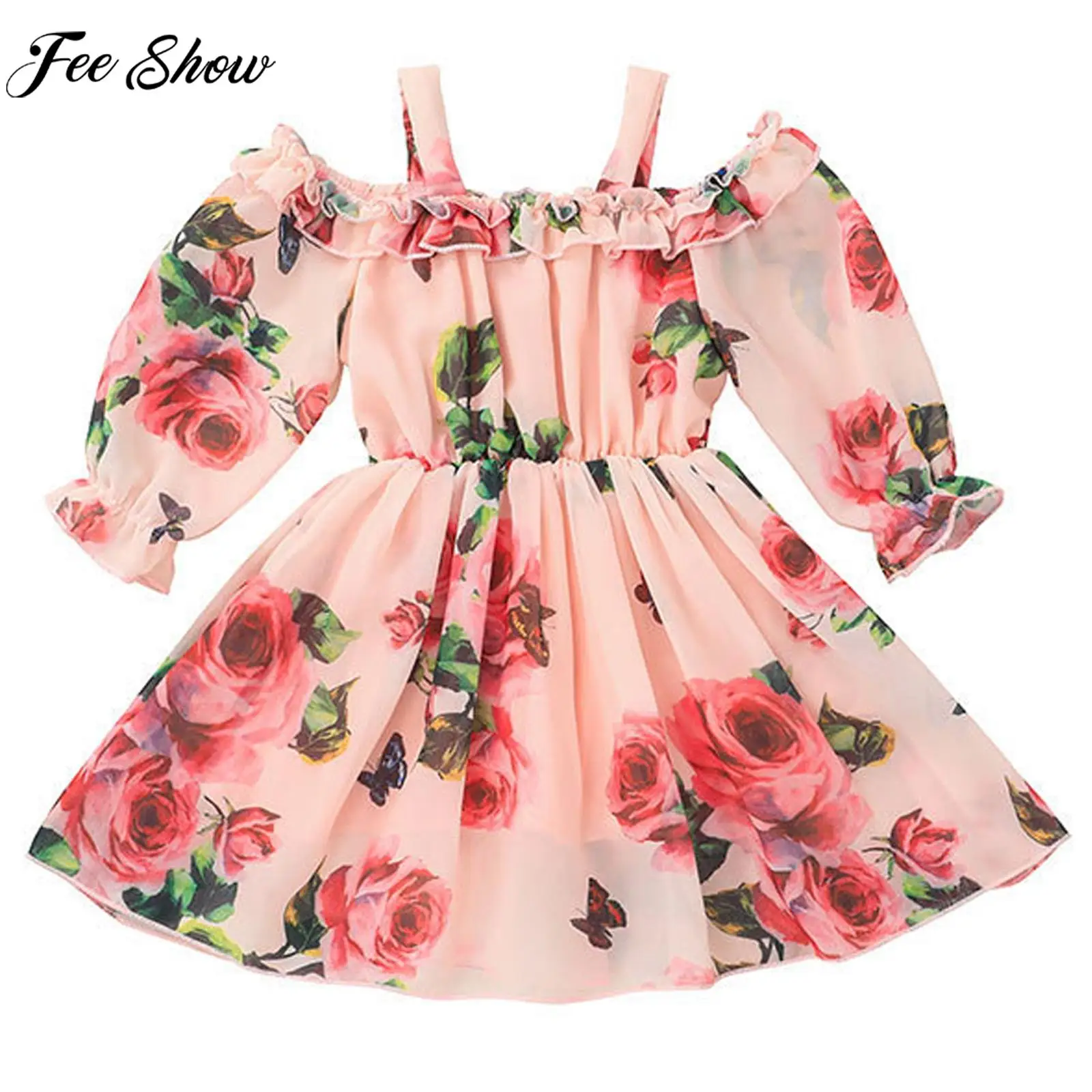 

Шифоновое платье с длинным рукавом, открытыми плечами и поясом