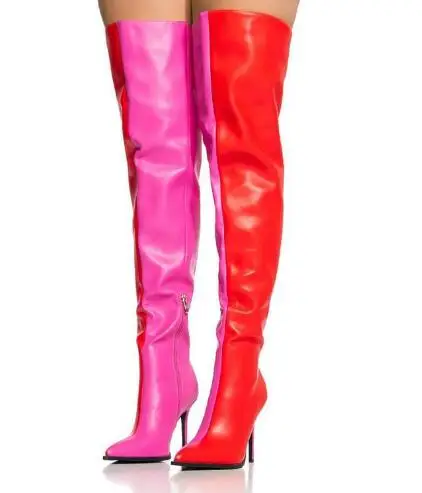 

Red And Pink Patchwork Pointed Toe Hidden Zipper Thin Heels Over The Knee Boots Women Black White Concise Thigh Long Boots Shoes