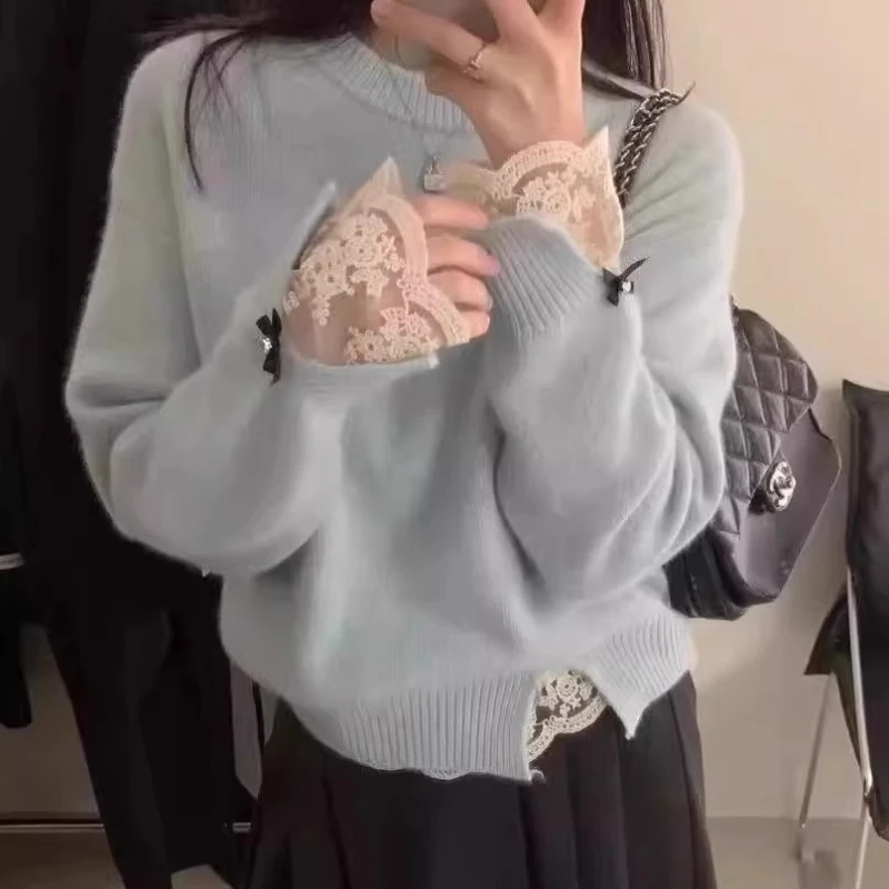 Autumn and Winter New Lace Splicing Women's O Neck Long-sleeved Sweater Women's Elegant Slim-fit Solid-color Pullover Knitwear