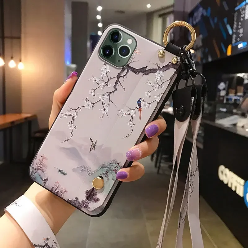 Retro Colorful Flower Soft TPU Phone Holder Lanyard Case with Neck Wrist Strap