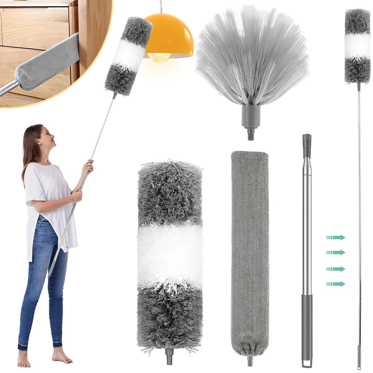 Telescopic Duster Brush Cleaning Duster Retractable Duster Microfiber Feather Bendable Gap Clean Detachable Washable Home Ceiling Spider Web Cleaning Tools