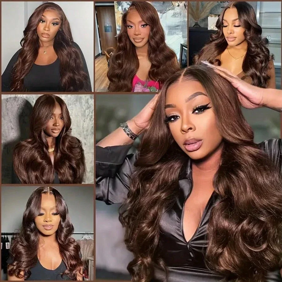 250% High-Density 13x4 Forehead High-Definition Lace Wig Chocolate Body Wave Human  Wigs for Women 28 Inch