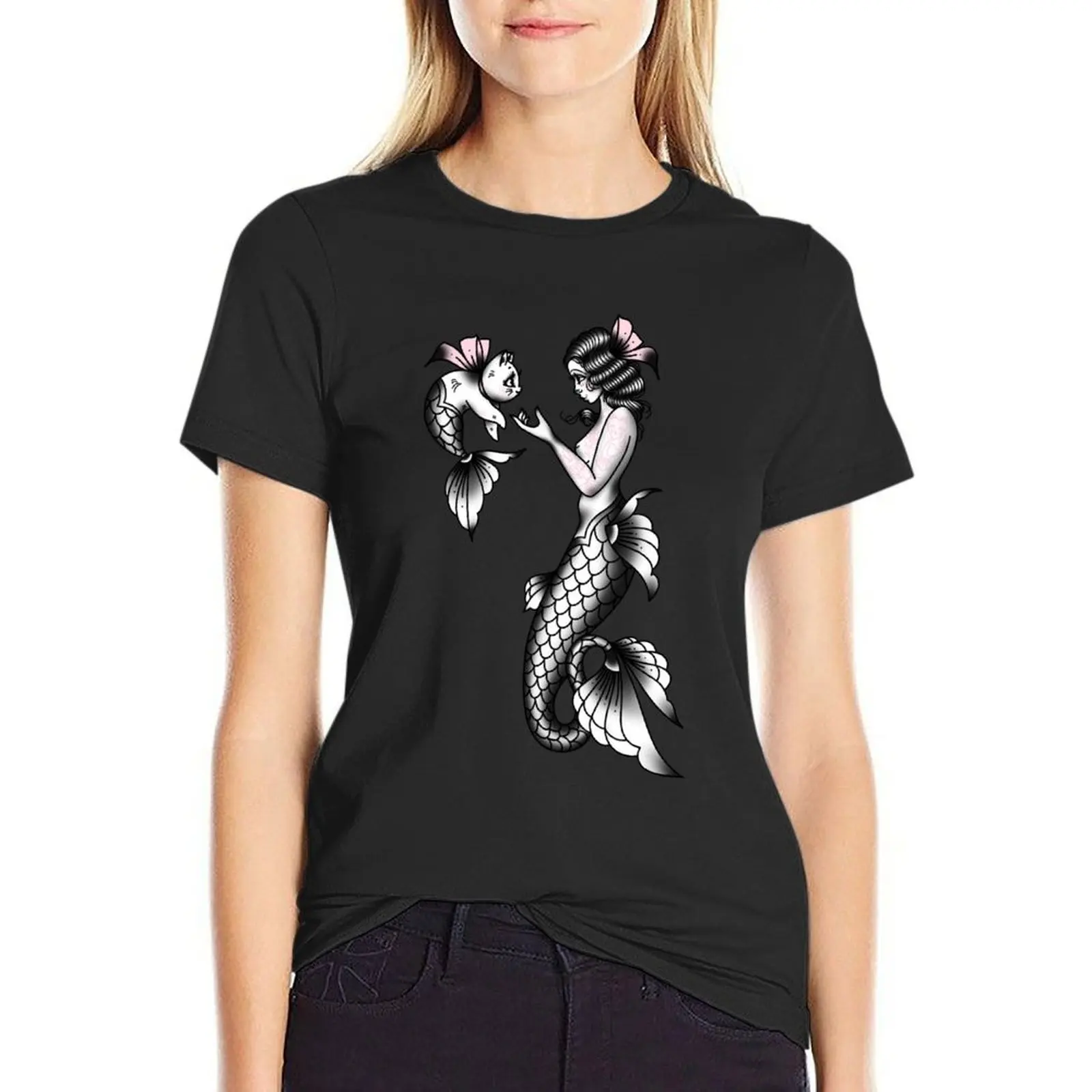

Mermaid and Cat Love Vintage Style Traditional Flash Tattoo T-shirt aesthetic clothes female workout shirts for Women