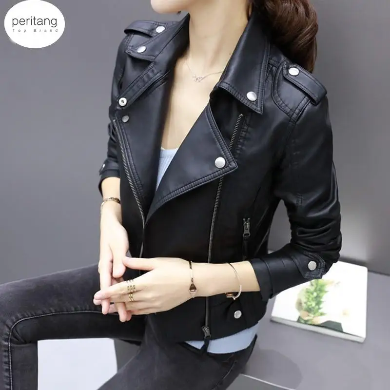 

2024 New Fashion Women Autumn Winter Black Faux Leather Jackets Zipper Basic Coat Turn-down Collar Biker Jacket with Blet 3xl