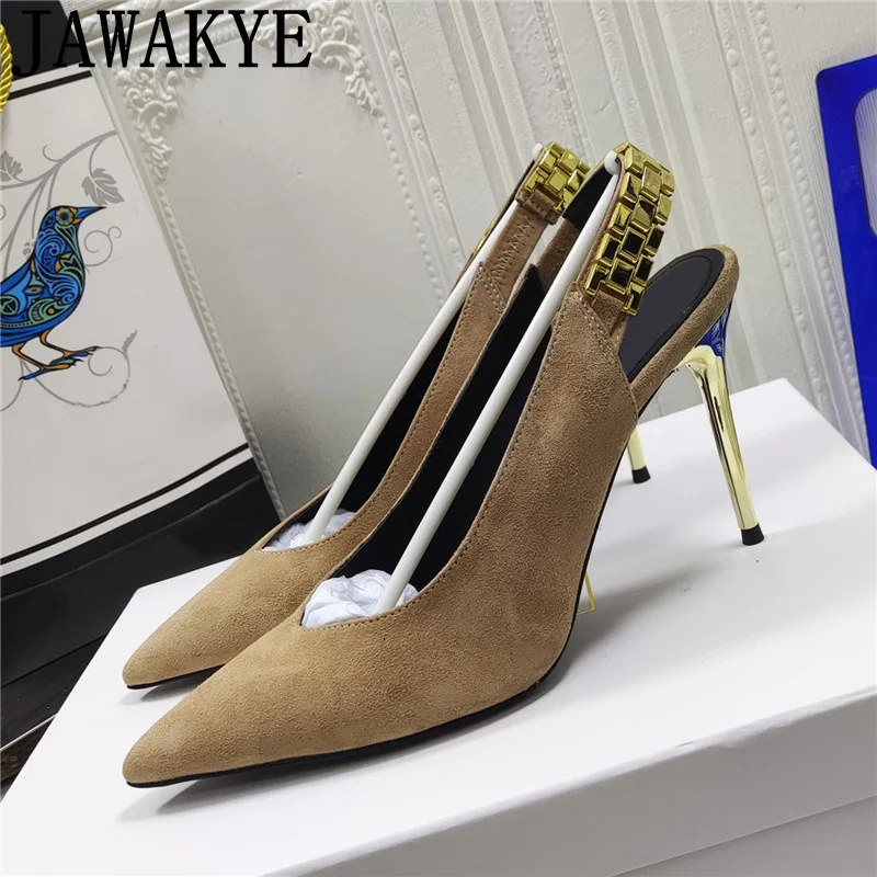 

Suede Metal Chain High Heel Shoes For Women Slip On Back Strap Sexy Stiletto Ladies Shoes Party Wedding Shoes Bride Pumps Femme