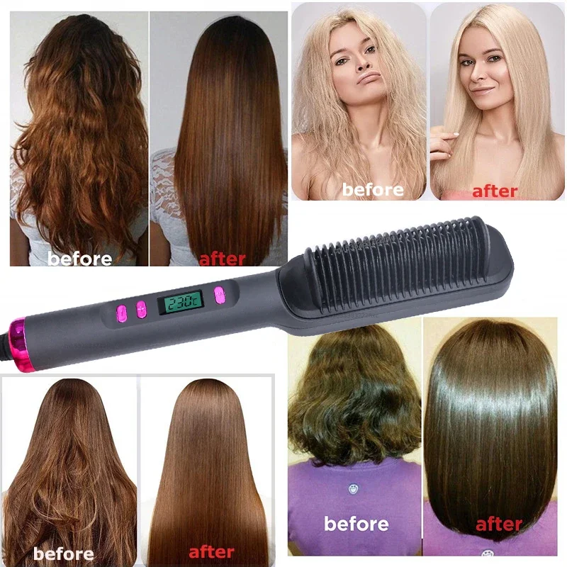 

New Hair Straightening Brush Fast Heating Comb Curling Iron Styler Electric Comb Straightener With LCD Display Multifunctional