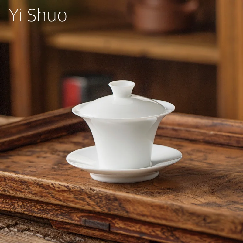 White Ceramic Lidded Bowl Single Kombucha Bowl with Cover Sancai Tea Cup Dehua Ceramic Gaiwan Sweet White Bubble Tea