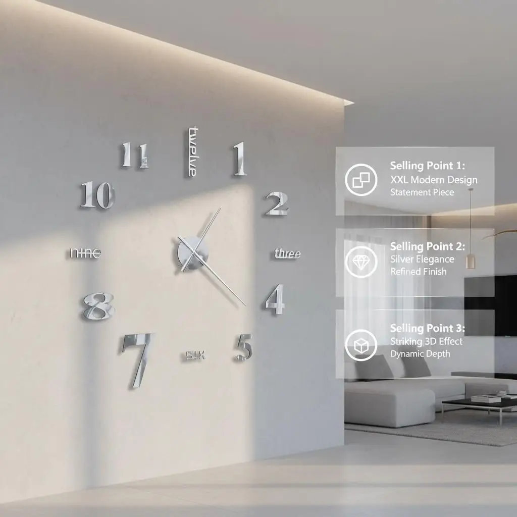 3D-Wanduhr Modernes Design 100 cm XXL Silber, Geeignet für Häuser, Büros und Empfangsbereiche. – Detail 4