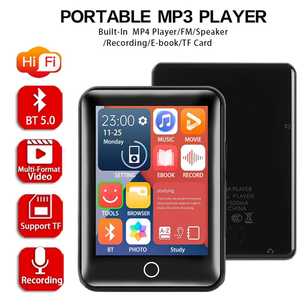 2.5'' MP3 Music Player Bluetooth 5.0 Full Screen External Playback Compact Portable Metal FM/E-book/Recorder music player,mini media player