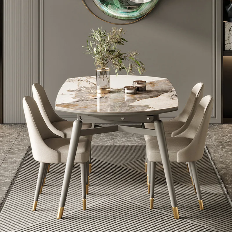 

Light luxury rock board dining table, square and circular dual-purpose, expandable round table, solid wood, modern and simple