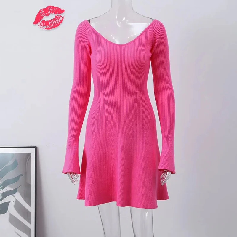Knit Off-Shoulder V-Neck Mini Dress For Women Ribbed Loose Casual High Waist Long Sleeve Knitwear Dress Women's Mini Dress