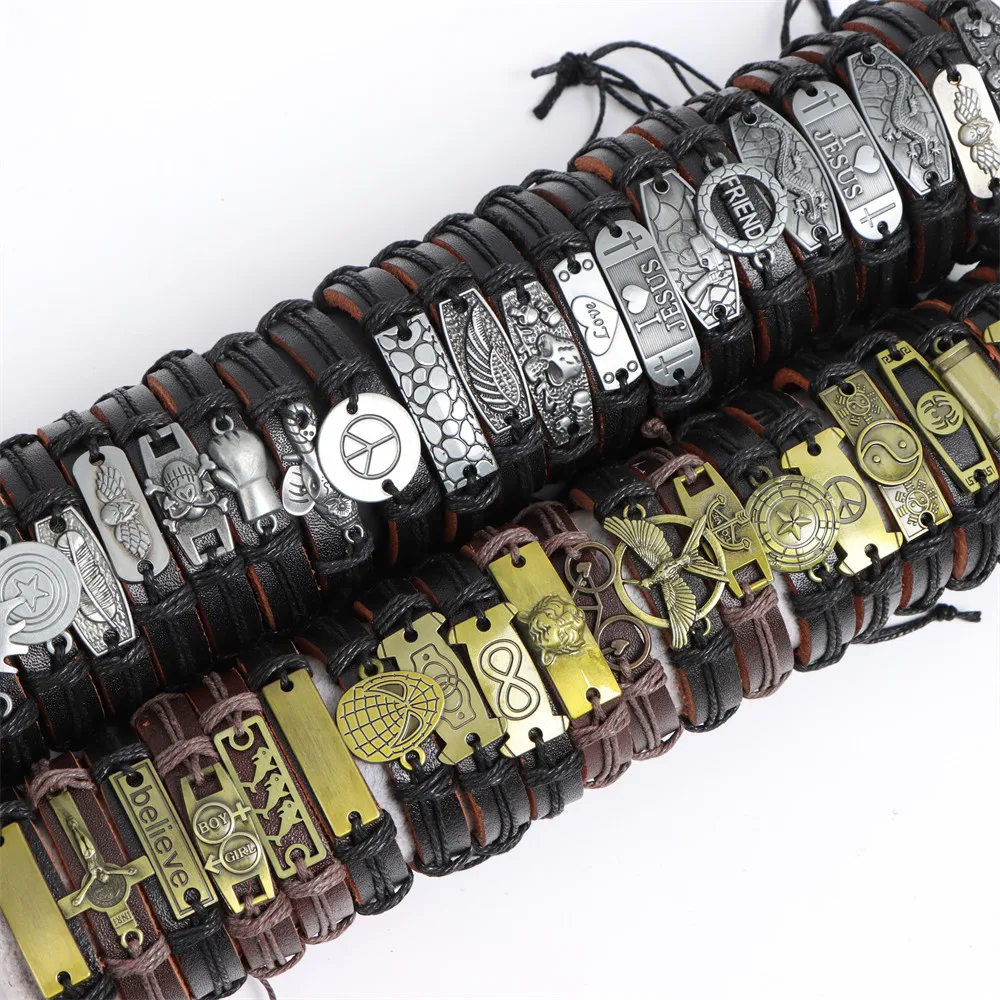Wholesale Lots 30pcs Mixed Styles Vintage Alloy Leather Cuff Bracelets Jewelry - Foto 2