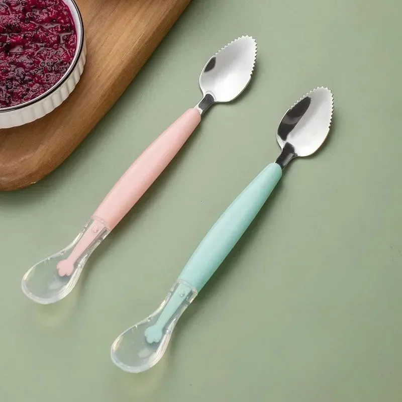 Stainless Steel Baby Cutlery Silicone Double Head Scraping Fruit Puree Spoon Complementary Food Spoon 2