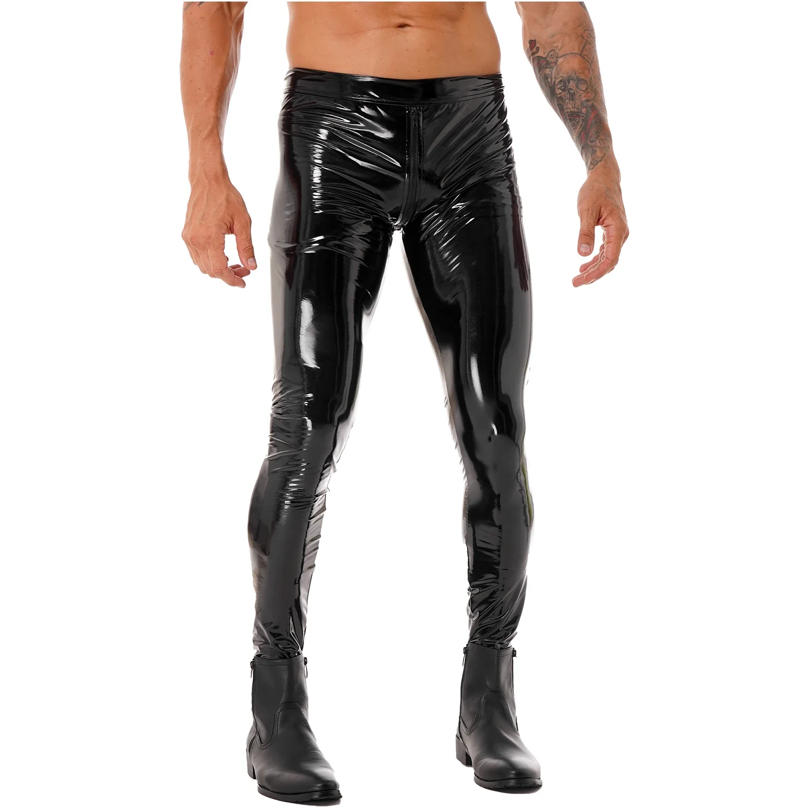 Mens Zipper Crotch Skinny Trousers Clubwear Patent Leather Moto Biker Skinny Pants Leggings Motorcycling Party Tights Pants