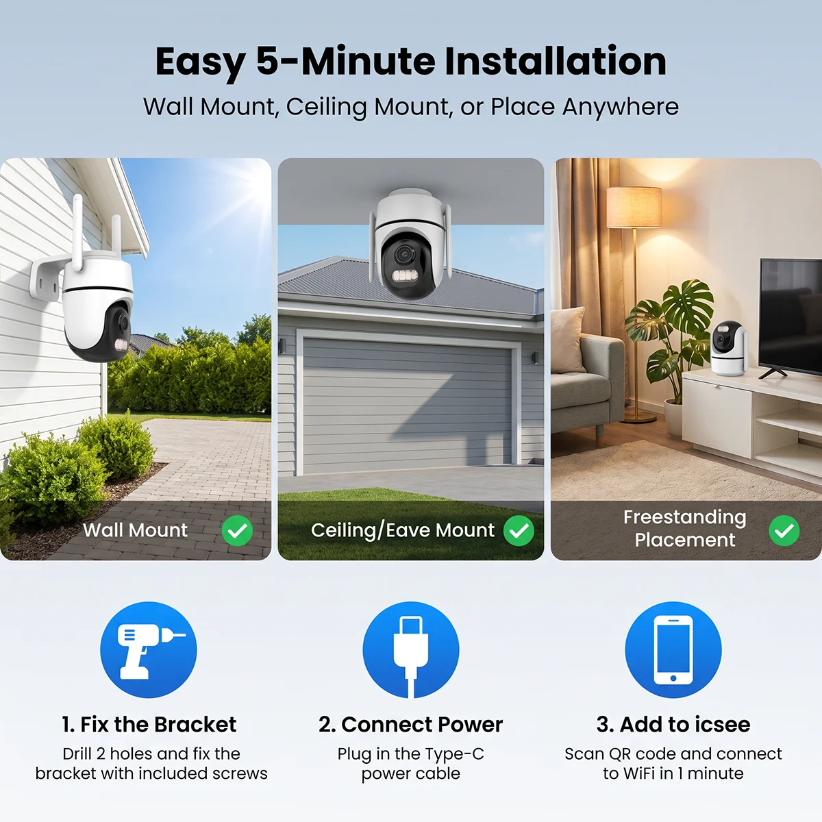 2MP 1080P WiFi PTZ Security Camera Dual Light Night Vision iCSee Two-Way Audio AI Human Detection IP66 Outdoor Surveillance Cam 4