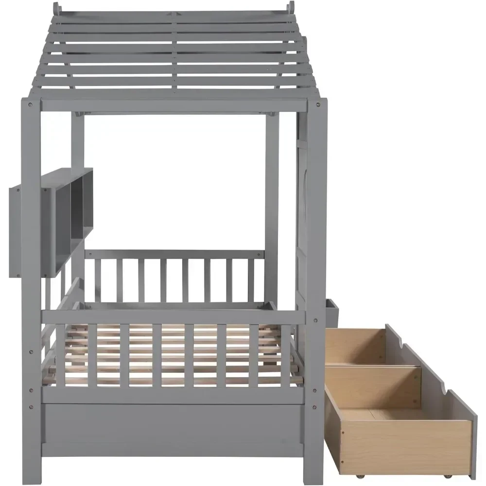 Children Beds, Twin House Bed with Storage Drawers & Bookcase, Solid Wood Playhouse Bed for Kids Teens Girls Boys, Children Beds