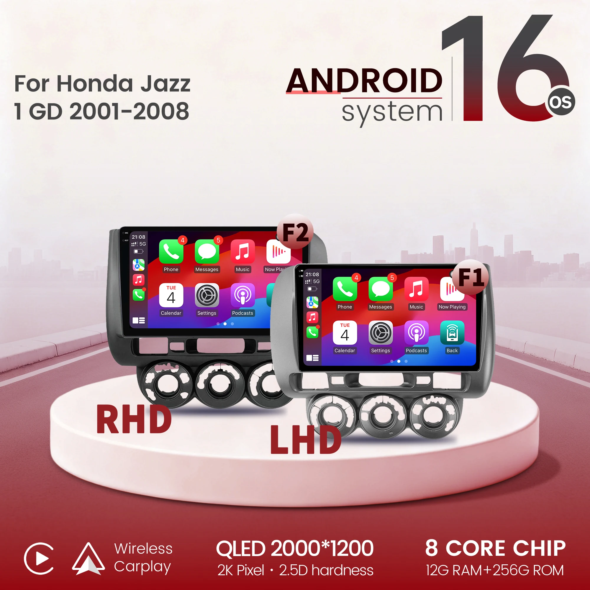 Radio para Auto de 9 Pulgadas para Honda Jazz 1 GD 2001-2008, Android 16, Inalámbrico, BT, Carplay, Multimedia, Navegación, Pantalla Táctil QLED 2K 1