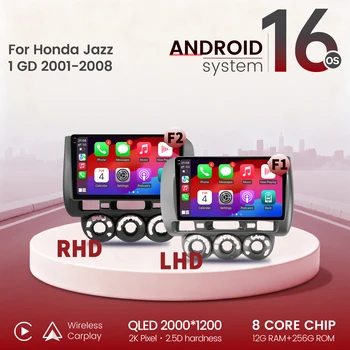 Radio para Auto de 9 Pulgadas para Honda Jazz 1 GD 2001-2008, Android 16, Inalámbrico, BT, Carplay, Multimedia, Navegación, Pantalla Táctil QLED 2K 1