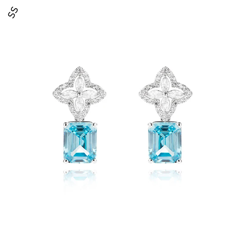 

2024 Spring/Summer New Light Luxury Jewelry Geometric Sky Blue 5A Zircon Earrings 925 Sterling Silver Advanced Women Daily Wear