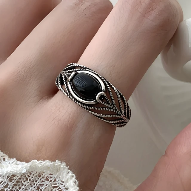 Bague Girlbible en argent sterling 925 pour femme, couple, minimaliste, faite à la main, rétro, avec pierre noire, bijoux de fête, cadeau, anti-allergie