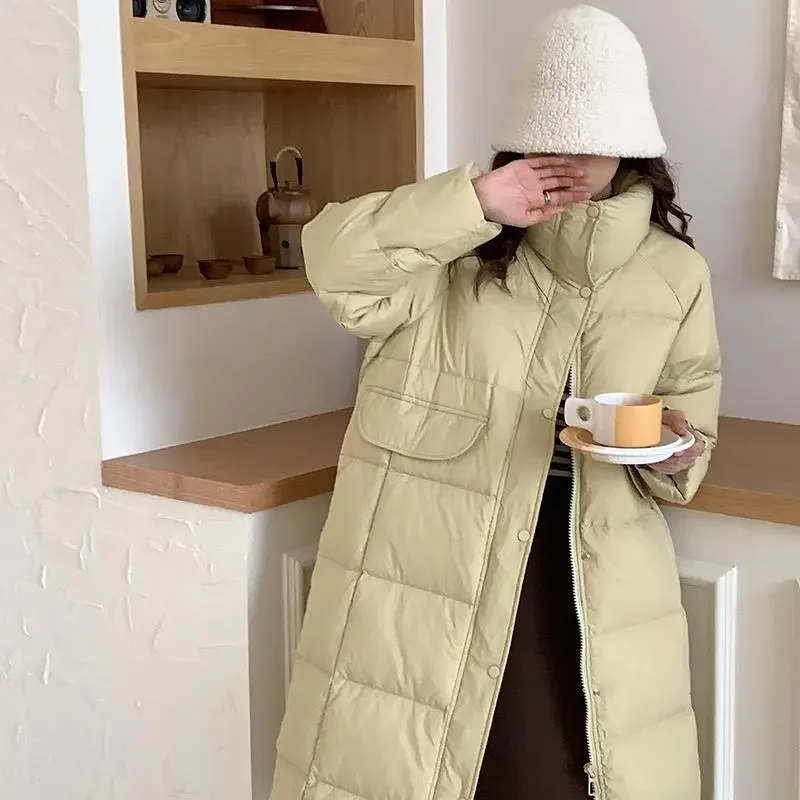

Winter Stand Collar Mid-Length White Duck Down Coat Women 2023 New Fashion Elegant Ladies Pure Color Over The Knee Thick Jackets