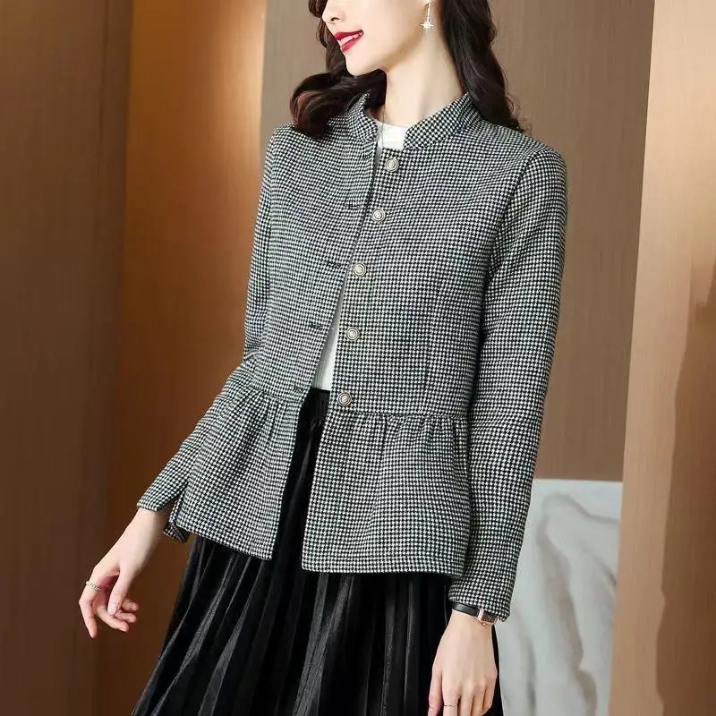 Spring and Autumn Women's Thousand-Bird Plaid Coat Casual Versatile Slim Woolen Top