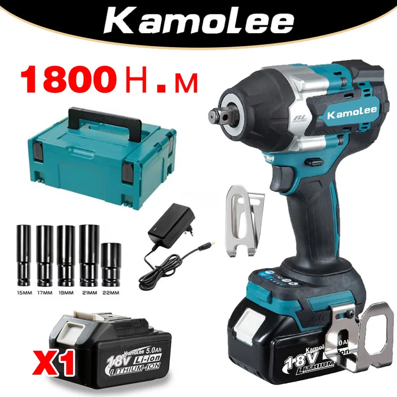 Kamolee Tool 1800Nm High Torque Brushless 1/2 Inch Impact Wrench DTW700 (1 Batteries + Tool Box)