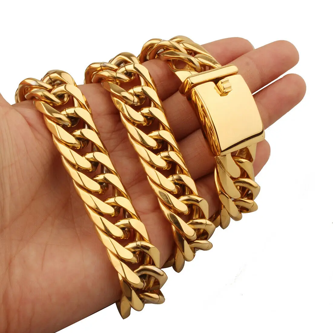 Granny Chic Gold Color 316L Stainless Steel Cuban Link Chain Necklace Heavy Cool Men's Chain Hip Hop Jewelry Gift 16mm 7-40inch