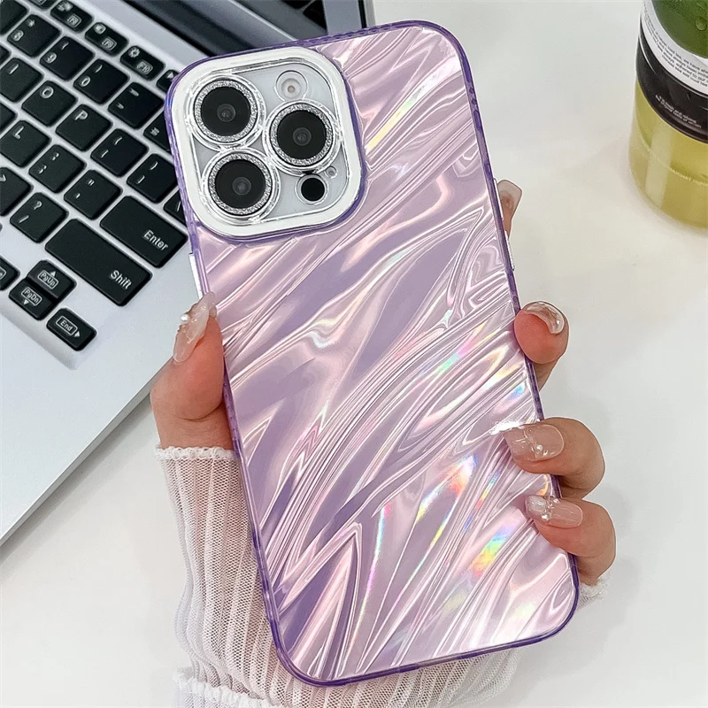 Custodia per telefono in marmo con increspature laser per iPhone 16 Plus 15 14 13 Pro Max, rigida in PC, glitter, protezione per fotocamera, antiurto, cover posteriore_voghion.com