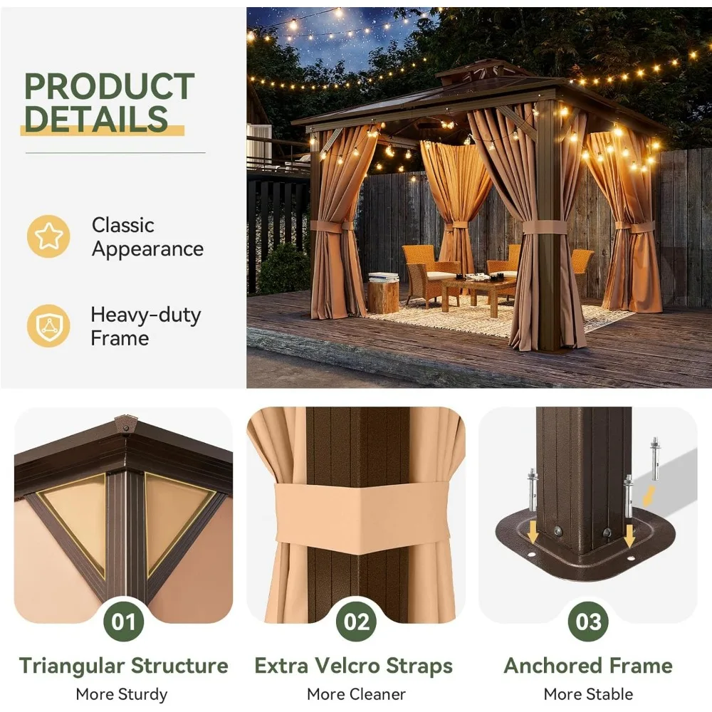 10'x10' Hardtop Gazebo, Outdoor Polycarbonate Double Top Canopy, Aluminum Frame Gazebo with Netting and Curtains, Gazebos 5