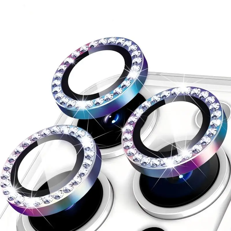 Luxury Diamond Ring Camera Protectors with Tempered Glass Lens Cover