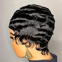 Perruque de Cheveux Humains Courts et Ondulés, Brun, Coupe Pixie, Style Océan, pour Femme 2