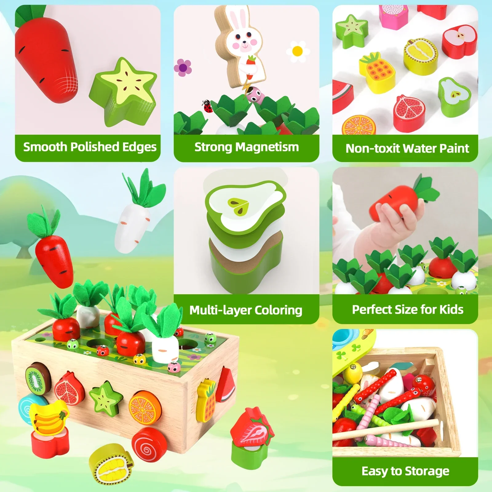 6-In-1 Kids Wooden Shape Assortment Matching Toys Carrot Fruit Game Cart Montessori Toys Puzzle Educational Baby Building Blocks 4