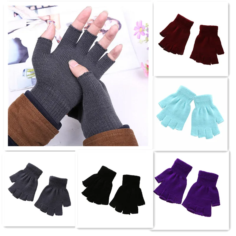 Half Finger Knitted Black Gloves Unisex Winter Warm Knitted Women Men's Solid Black Gray Fingerless Stretchy Elastic Mittens